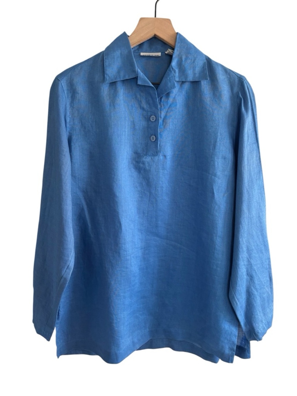 Toto n Ko 100% Linen Popover Blouse Petite Blue Long Sleeve Collared Lightweight